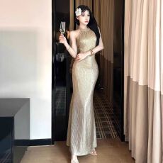 批发韩版名媛生日聚会斜肩亮片<b class='q'>礼服</b>长裙单肩修身高腰连衣裙