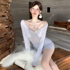 批发一字肩立体蝴蝶拼接长袖针织T恤女辣妹套装包臀半身裙短裙<b class='q'>两件套</b>