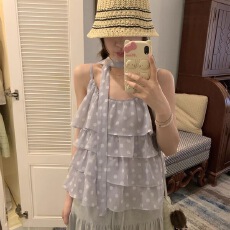 批发甜美风紫色波点飘带背心吊带女夏季新款别致外穿气质上衣