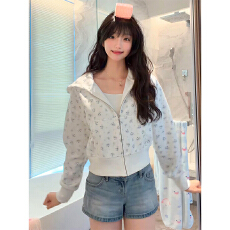 批发原版做法#碎花满印#后包领 6535棉华夫格复合 卫衣女