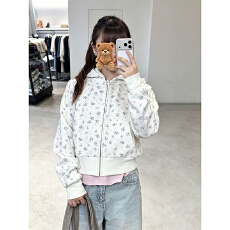 批发原版做法#碎花满印#后包领 6535棉华夫格复合 卫衣女