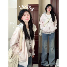 批发韩系拼接条纹<b class='q'>开衫</b>粉色拉链卫衣女秋冬宽松显瘦设计感慵懒连帽外套