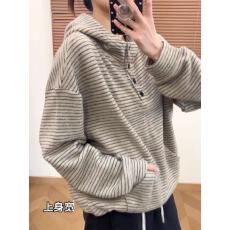 批发原物推荐！韩系冬季保暖兔毛绒条纹针织加厚慵懒感连帽卫衣外套女