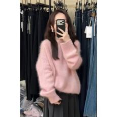 批发单穿叠穿，不限搭配~韩系慵懒风套头圆领软糯粉色厚<b class='q'>毛衣</b>