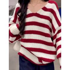 批发显白显瘦yyds~撞色条纹V领针织<b class='q'>毛衣</b>女慵懒感<b class='q'>中长款</b>上衣