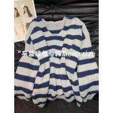 批发韩系慵懒感撞色条纹V领<b class='q'>毛衣</b>女秋冬宽松<b class='q'>中长款</b>针织上衣