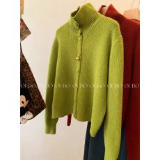 批发复古绿色高领长袖针织开衫毛衣外套女2026新款慵懒风外穿韩系上衣