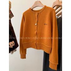 批发橘色圆领长袖针织开衫毛衣外套女2025新款秋冬慵懒风外穿韩系上衣