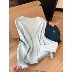 批发蓝色圆领长袖针织开衫毛衣外套女士秋冬慵懒风外穿韩系上衣小个子