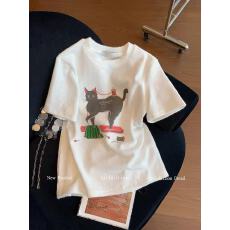 批发白色韩系趣味猫咪印花T恤女2026春新款可爱减龄宽松休闲百搭短袖