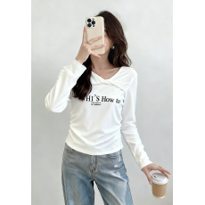 批发2026春季新款字母印花长袖wlh扭结打底T恤短款抓绒正肩上衣女