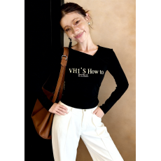 批发2026春季新款字母印花长袖wlh扭结打底T恤短款抓绒正肩上衣女