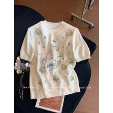 批发小香风重工花卉刺绣针织短袖女2026新款春夏时髦百搭修身<b class='q'>气质</b>上衣