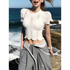 批发春夏罩衫新款短袖女时尚独特别致波浪修身镂空<b class='q'>韩版</b>针织衫上衣