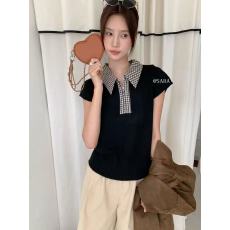 批发SARA韩系Polo领拉链格纹拼接针织衫2025年早秋气质百搭短袖上衣女