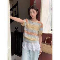 批发2025超火蓝色短袖针织衫女减龄高级感小个子亮片别致条纹<b class='q'>t</b><b class='q'>恤</b>上衣