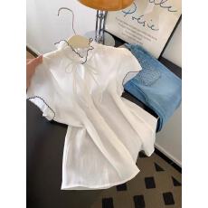 批发白色系带蝴蝶结短款短袖衬衫女气质上衣小个子2026夏超火减龄衬衣