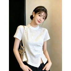 批发新中式轻薄提花斜襟盘扣立领开叉不规则短袖衬衫女夏