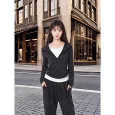 批发半拉链假两件连帽长袖<b class='q'>t</b><b class='q'>恤</b>套装女上衣裤子卫衣秋冬新款<b class='q'>运动</b>两件套