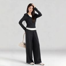 批发韩系半拉链假两件连帽卫衣套装女长袖<b class='q'>t</b><b class='q'>恤</b>上衣裤子春秋新款两件套