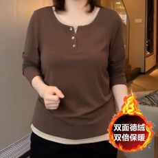 批发300斤大码女装假两件长袖T恤<b class='q'>妈妈装</b>胖mm秋冬新款上衣德绒打底衫