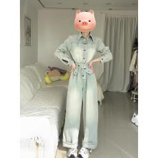 批发港风复古高级感牛仔工装<b class='q'>连体裤女</b>2025春季<b class='q'>新款</b>高腰显瘦长袖连衣裤