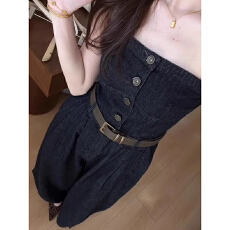 批发2025新款复古黑色时髦辣妹春夏季牛仔裤韩系休闲阔腿裤<b class='q'>抹胸</b><b class='q'>连体裤</b>