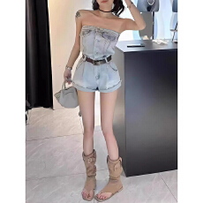 批发美式时尚辣妹风<b class='q'>抹胸</b>牛仔连体短裤女夏季新款休闲设计感收腰阔腿裤
