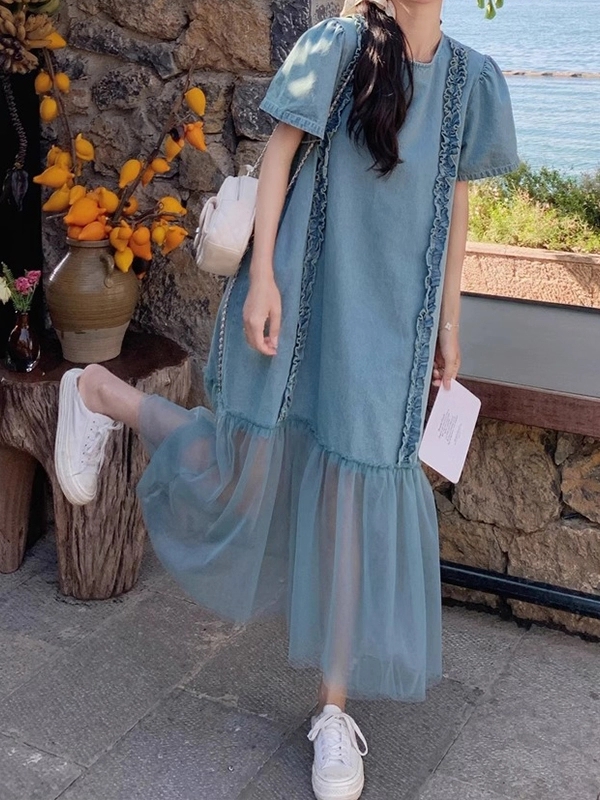 FA35715# 冷淡系高级感网纱拼接女时尚洋气牛仔连衣裙女超火独特超好看长裙 服裝批發女裝批發服飾貨源