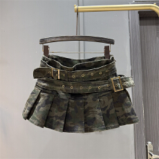 批发美式休闲<b class='q'>百搭</b>街头潮流迷彩双腰头牛仔百褶裙夏季女高腰辣妹半身裙