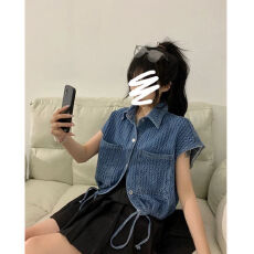 批发蓝色<b class='q'>牛仔</b><b class='q'>马甲女</b>夏季2025新款设计感下摆抽绳港味外穿宽松坎肩上衣
