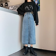 批发<b class='q'>牛仔</b>半身裙子女春秋新款大码胖mm开叉中长款高腰a字显瘦包臀长裙