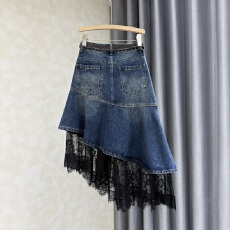 批发美式设计感不规则蕾丝拼接牛仔半身裙女春<b class='q'>秋</b>新款高腰显瘦A字裙子