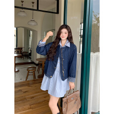 批发秋季韩版复古小众百搭洋气圆领格子翻边长袖<b class='q'>牛仔</b>外套女上衣宽松潮