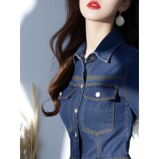 批发韩系复古牛仔衬衫女秋季新款高级感气质修身显瘦喇叭袖开衫上衣潮