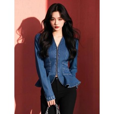 批发轻奢高级感拉链牛仔衬衣女<b class='q'>春</b>秋2025新款拉链修身收腰显瘦衬衫上衣