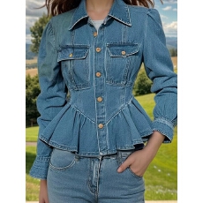 批发韩系牛仔衬衫女2025<b class='q'>春</b>秋季新款收腰轻奢高级感衬衣独特荷叶边上衣