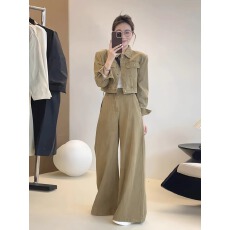 批发韩版卡其色<b class='q'>牛仔</b>时尚套装女春季新款长袖短款外套显瘦阔腿裤两件套