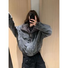 批发2025秋冬复古做旧内里毛领翻领工装<b class='q'>外套</b>女冬季宽松休闲<b class='q'>百搭</b>上衣