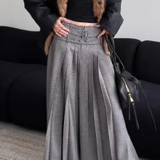 批发美式复古灰色高级感百褶<b class='q'>长裙女</b>春秋时尚设计感压褶A字半身裙减龄