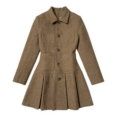 批发2026年气质卡其色休闲长袖<b class='q'>翻领</b>纽扣毛呢连衣百褶裙单排扣毛呢外套