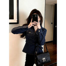 批发2026年长袖休闲风高级感系带收腰翻领牛仔衬衫百搭时尚修身短外套