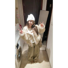 批发韩版保暖小个子羊羔毛外套女冬季加厚棉服慵懒风针织拼接毛毛上衣