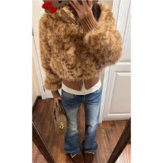 批发美式复古甜美风棕色针织拼接虎纹短环保<b class='q'>皮草</b>女冬季棕色<b class='q'>短款</b>外套潮