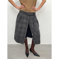 批发2026年春季个性<b class='q'>时尚</b>复古高腰系带灰色格纹前开叉直筒毛呢半身裙女