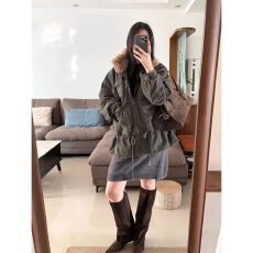 批发美式老钱风加厚毛领派克服女秋<b class='q'>冬</b>宽松百搭休闲棉服军绿色保暖外套