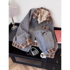 批发2025新款美式复古设计感拼接领外套女<b class='q'>冬</b>格子拼接宽松港风夹克上衣