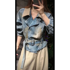 批发<b class='q'>长</b>袖复古风翻领系腰带扎染牛仔外套宽松新款休闲显瘦收腰夹克上衣