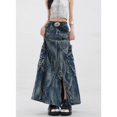 批发重工水洗扎染复古半身裙宽松2026春秋新款拉链装饰时尚牛仔裙裙子