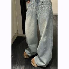 批发韩系休闲阔腿牛仔<b class='q'>裤</b>2026春季新款女高腰显瘦<b class='q'>百搭</b>满天星蓝色高级感